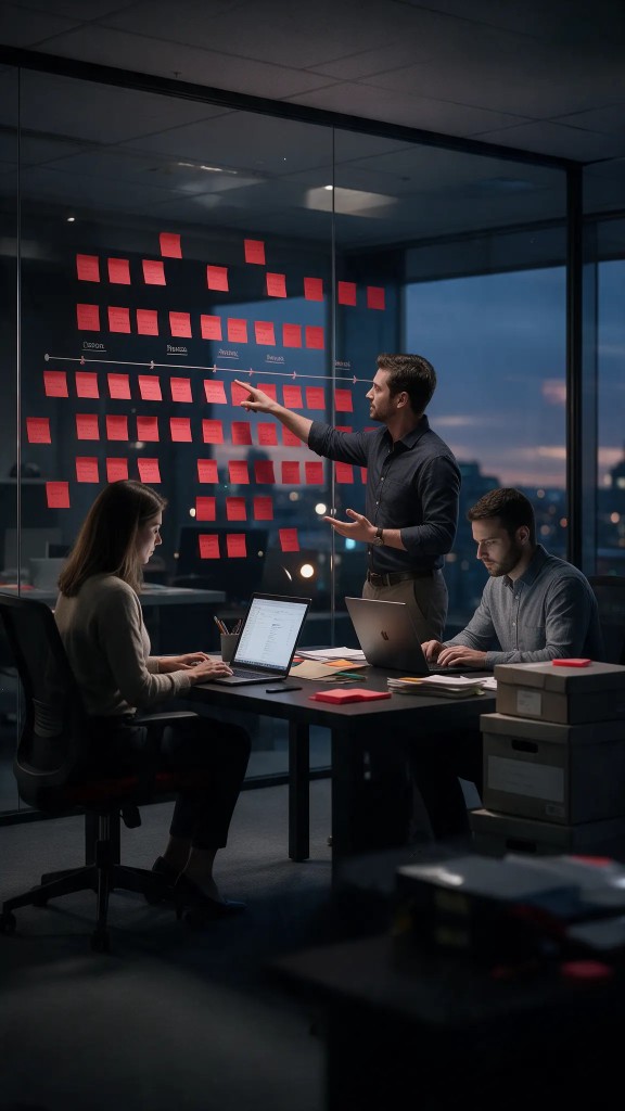 A HighGate project team planning a defined timeline on a glass wall of red sticky notes, with colleagues working on laptops beside archive boxes.